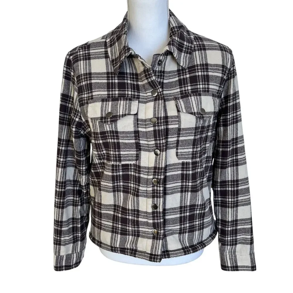 Lucky Brand Women's Jacket Shacket Size Small Sherpa Lined Crop Snaps Plaid